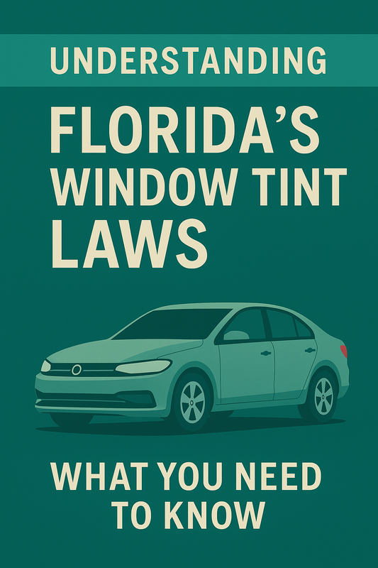 “Understanding Florida’s Window Tint Laws.” To the left of the car is a large checkmark symbol inside a square, representing legal compliance. The background is a light blue-gray color, giving the design a clean, simple, and professional look.